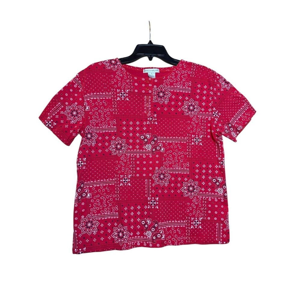 Vintage Rebecca Malone Red Bandana Print Short Sleeve Henley Shirt Size M